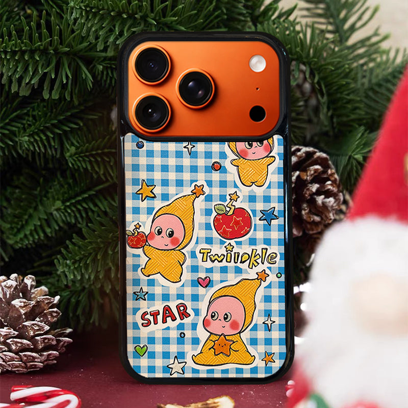 3D Embossed Blue Plaid Twinkle Twinkle Phone Case for iPhone 13-17 Pro Max