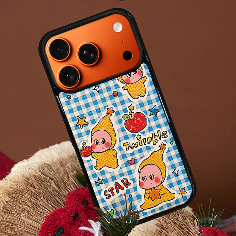 3D Embossed Blue Plaid Twinkle Twinkle Phone Case for iPhone 13-17 Pro Max