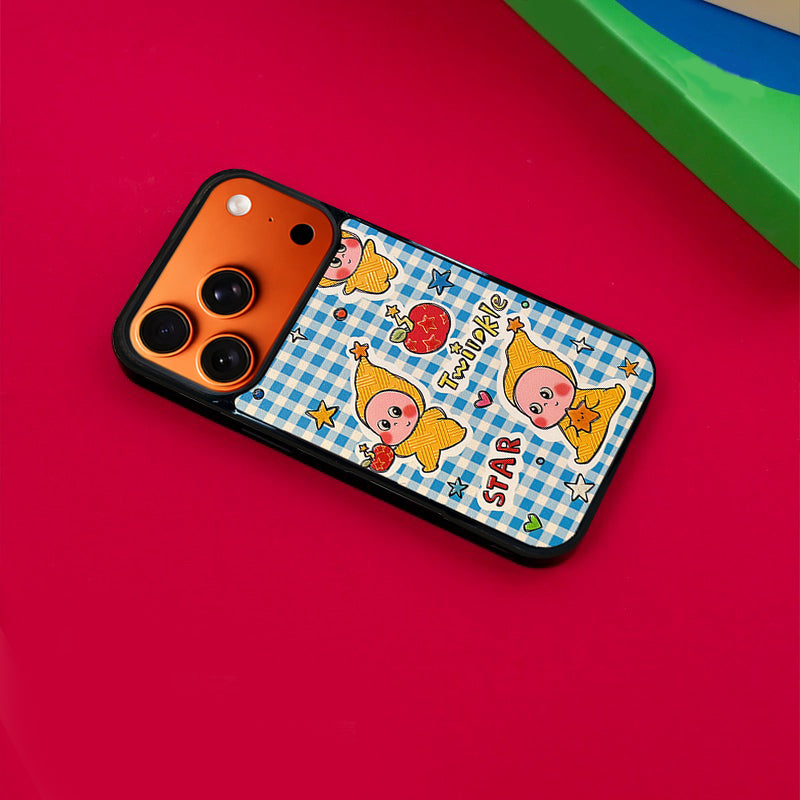 3D Embossed Blue Plaid Twinkle Twinkle Phone Case for iPhone 13-17 Pro Max