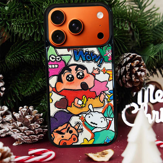 3D Embossed Crayon Shin-chan Holding Fuchsia Star Phone Case for iPhone 13-17 Pro Max