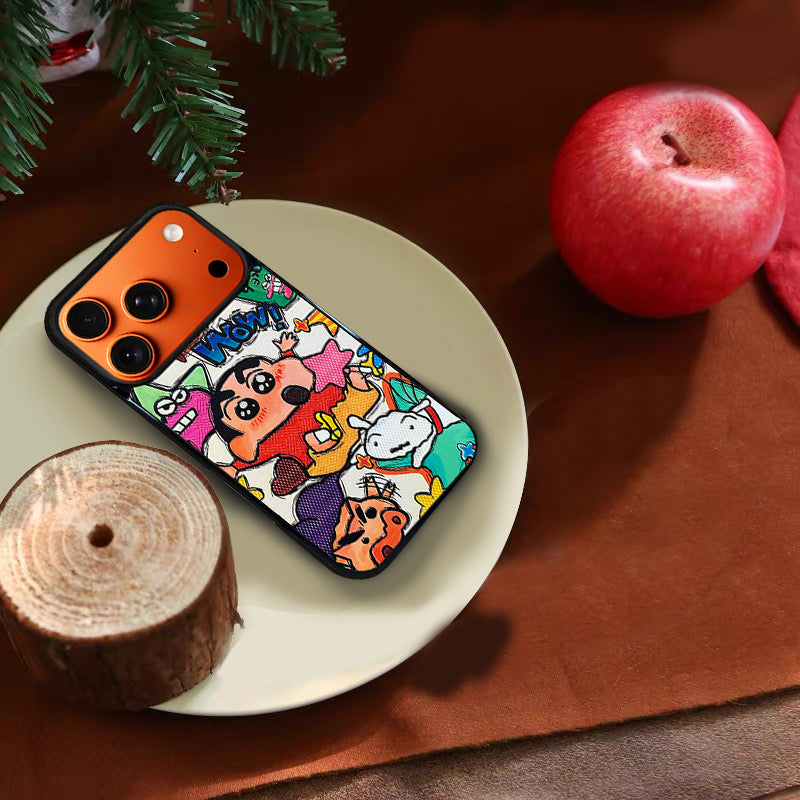 3D Embossed Crayon Shin-chan Holding Fuchsia Star Phone Case for iPhone 13-17 Pro Max