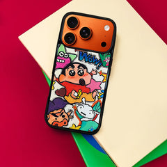 3D Embossed Crayon Shin-chan Holding Fuchsia Star Phone Case for iPhone 13-17 Pro Max
