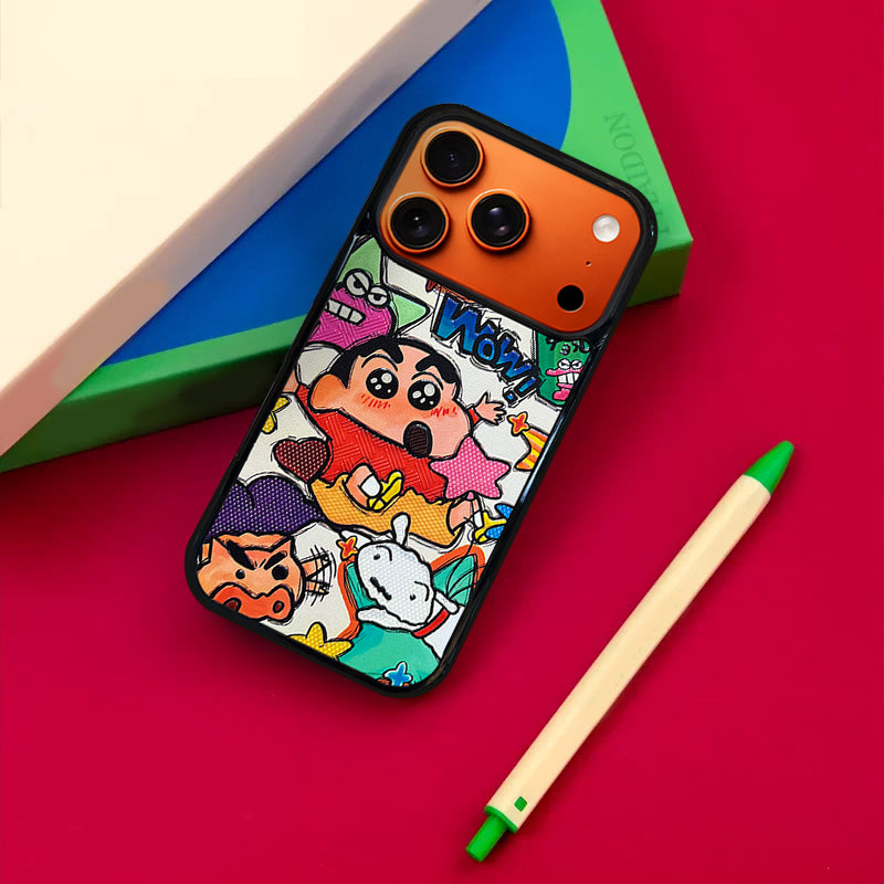 3D Embossed Crayon Shin-chan Holding Fuchsia Star Phone Case for iPhone 13-17 Pro Max
