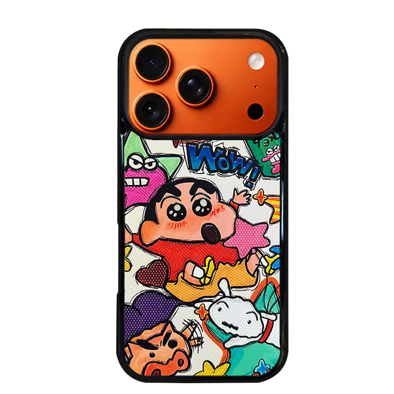 3D Embossed Crayon Shin-chan Holding Fuchsia Star Phone Case for iPhone 13-17 Pro Max