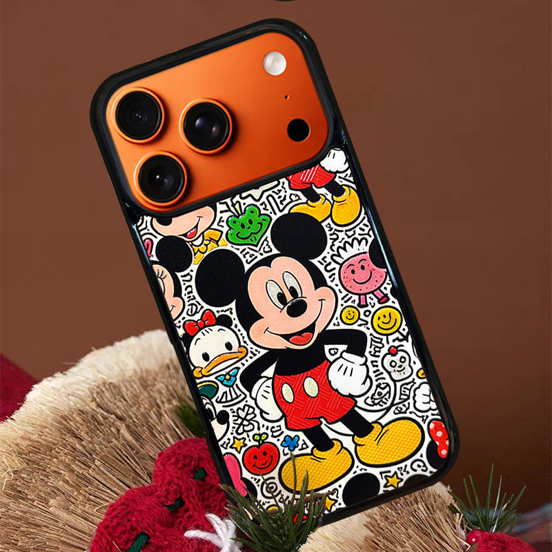 3D Embossed Mickey Mouse Graffiti Line Art Background Phone Case for iPhone 13-17 Pro Max