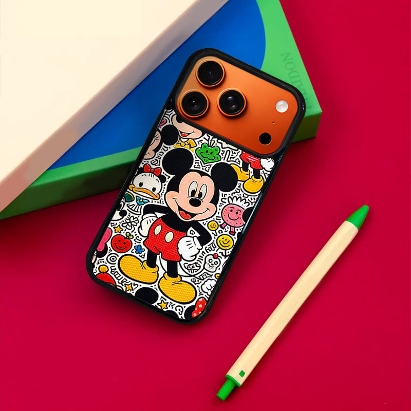 3D Embossed Mickey Mouse Graffiti Line Art Background Phone Case for iPhone 13-17 Pro Max