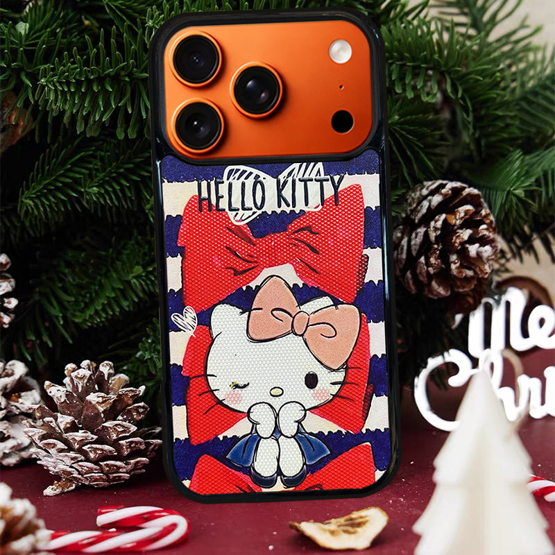 3D Embossed Hello Kitty Blue & White Stripes Phone Case for iPhone 13-17 Pro Max