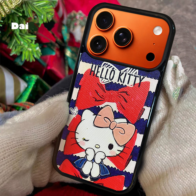 3D Embossed Hello Kitty Blue & White Stripes Phone Case for iPhone 13-17 Pro Max