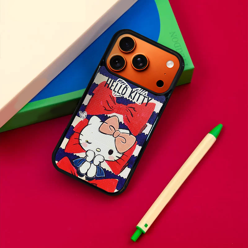 3D Embossed Hello Kitty Blue & White Stripes Phone Case for iPhone 13-17 Pro Max