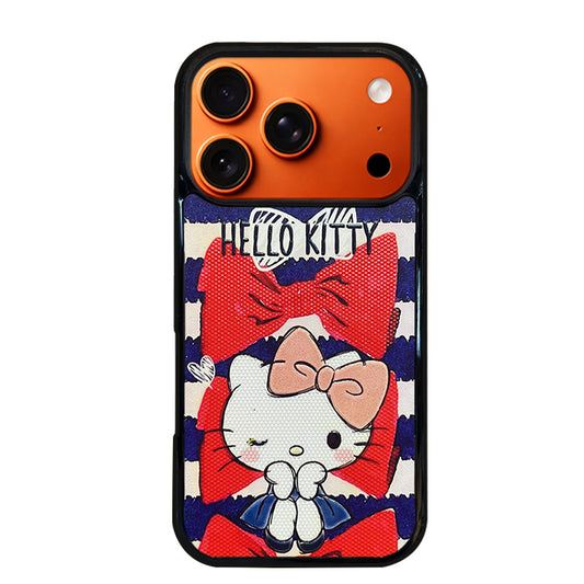 3D Embossed Hello Kitty Blue & White Stripes Phone Case for iPhone 13-17 Pro Max