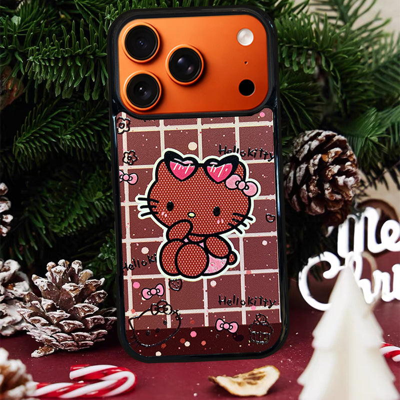 3D Embossed Hello Kitty Cream Brown Plaid Phone Case for iPhone 13-17 Pro Max