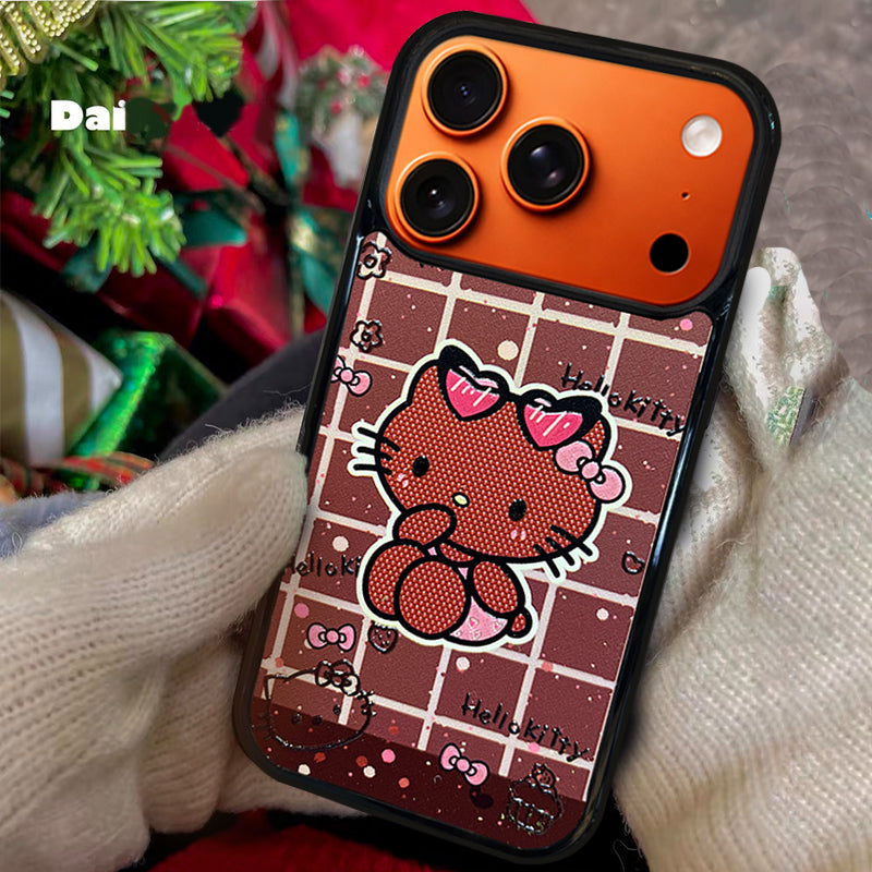 3D Embossed Hello Kitty Cream Brown Plaid Phone Case for iPhone 13-17 Pro Max