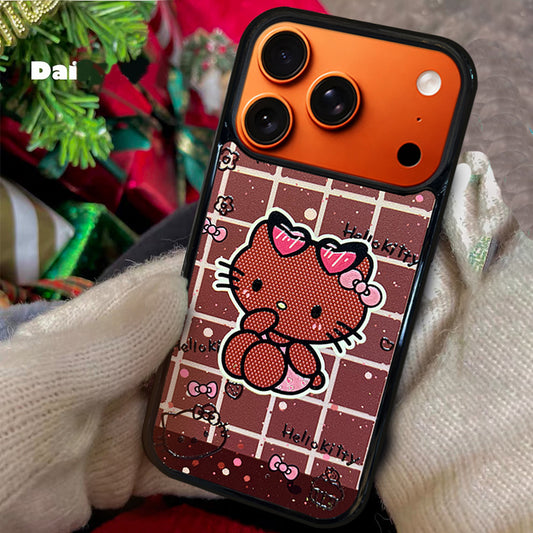3D Embossed Hello Kitty Cream Brown Plaid Phone Case for iPhone 13-17 Pro Max