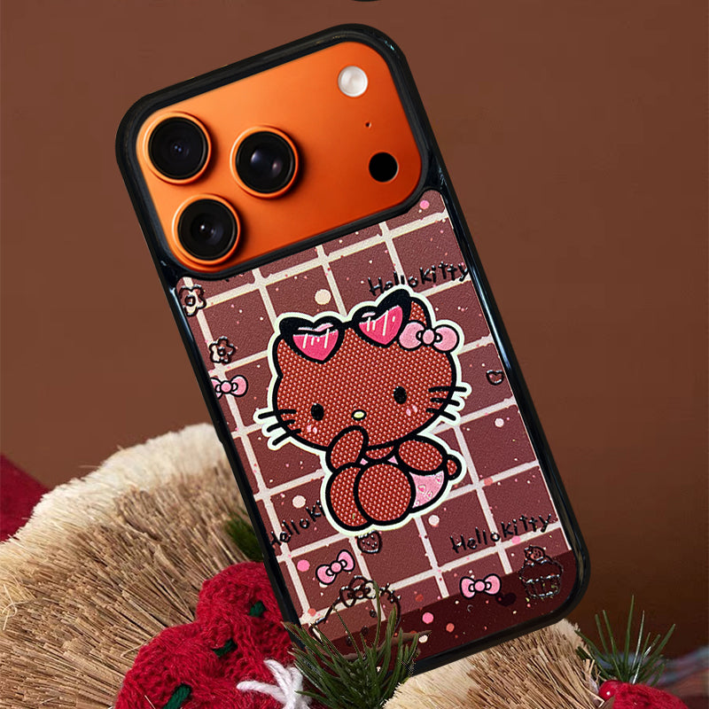 3D Embossed Hello Kitty Cream Brown Plaid Phone Case for iPhone 13-17 Pro Max