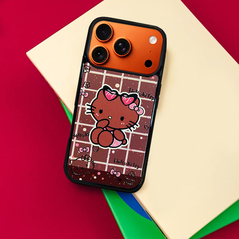 3D Embossed Hello Kitty Cream Brown Plaid Phone Case for iPhone 13-17 Pro Max