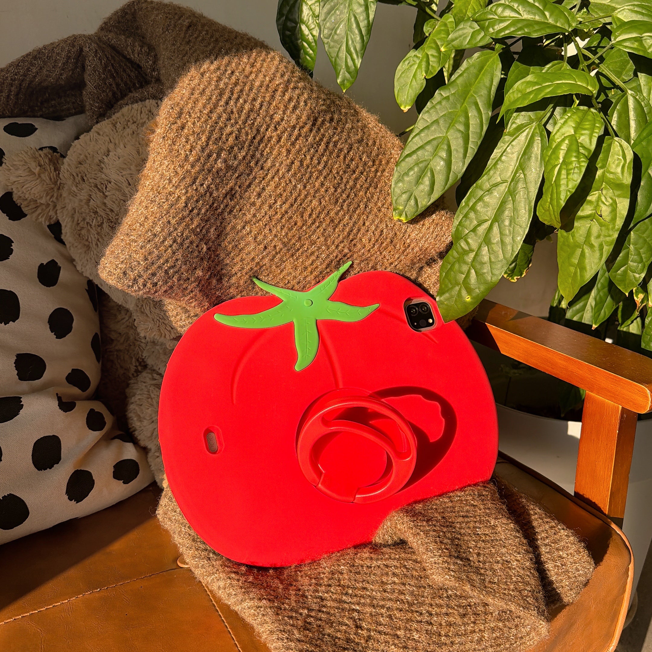An aesthetic cottagecore ipad protector designed as a red tomato, placed on a cozy brown knit blanket and leather chair next to a lush green indoor plant.