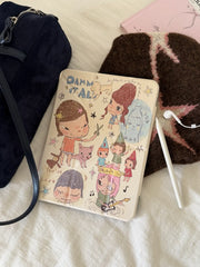 Aesthetic flat lay photography featuring a Yoshitomo Nara iPad case, a navy blue velvet bag, a brown star-patterned beanie, and an Apple Pencil.