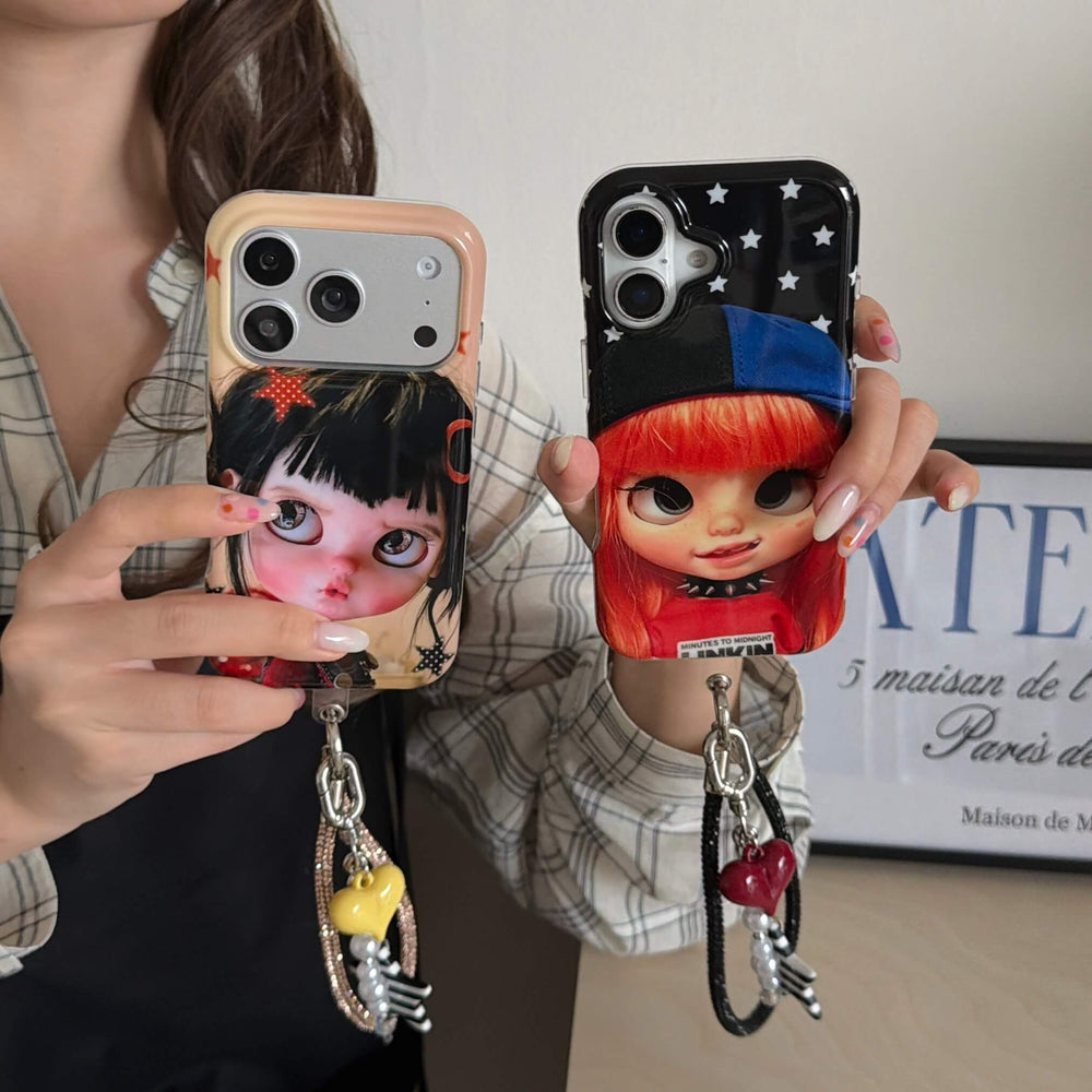 Model holding black-haired and red-haired Y2K doll iPhone case designs.