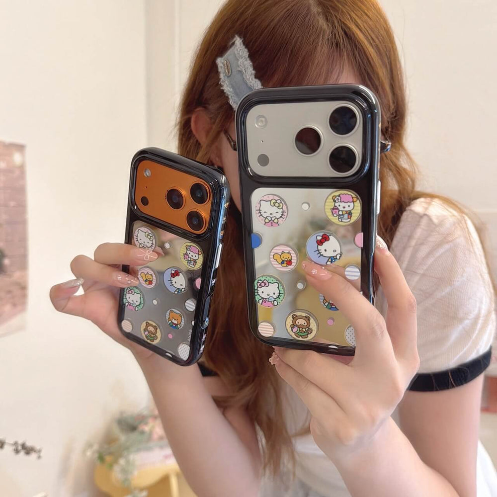 Two cute kitty sticker mirror iPhone cases with black bumper frames