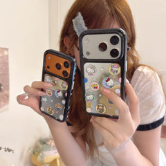 Two cute kitty sticker mirror iPhone cases with black bumper frames