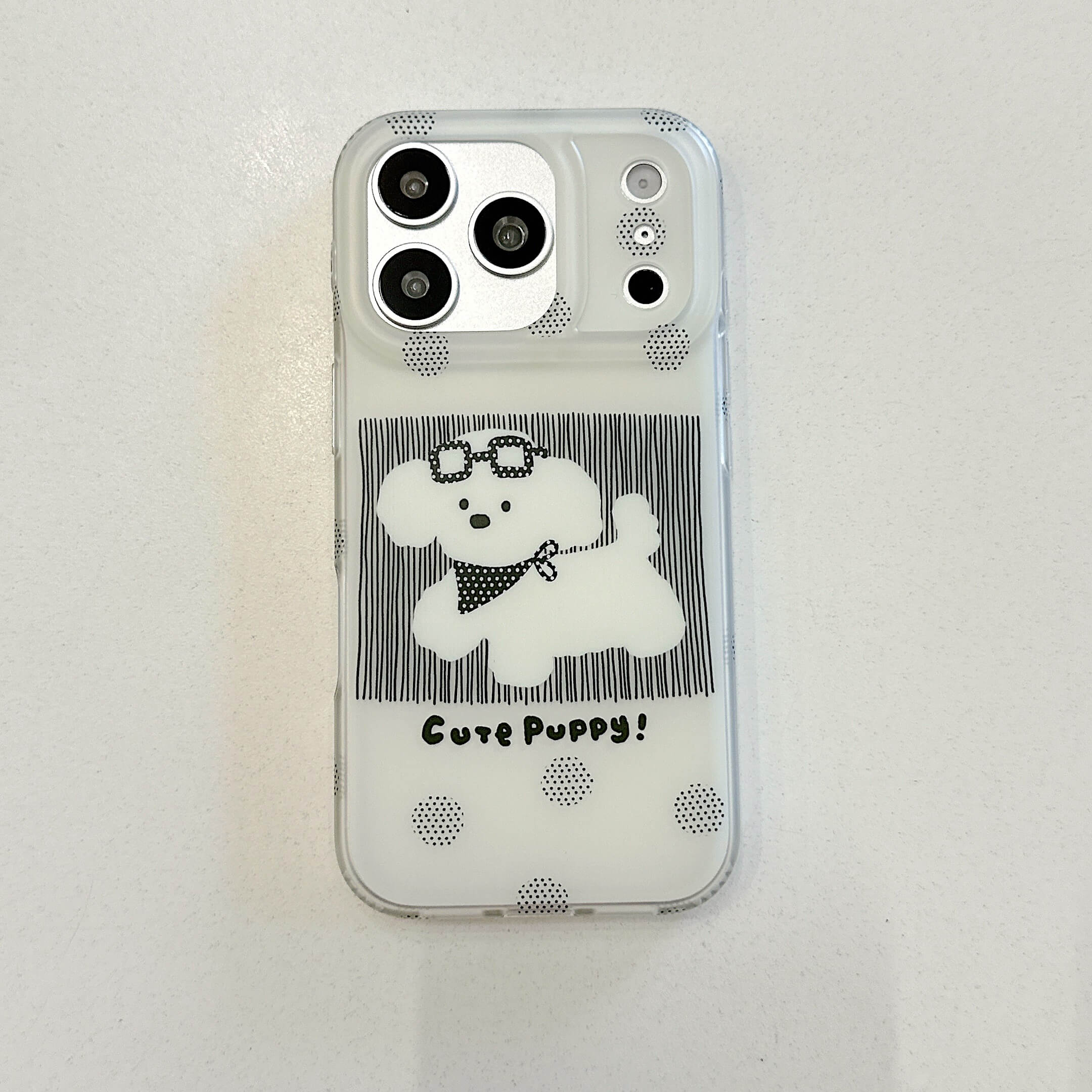 Front view of a black cute dog iPhone case with transparent edges.