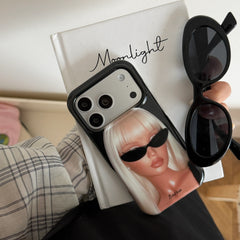 Black fashion girl iPhone case displayed beside matching sunglasses.