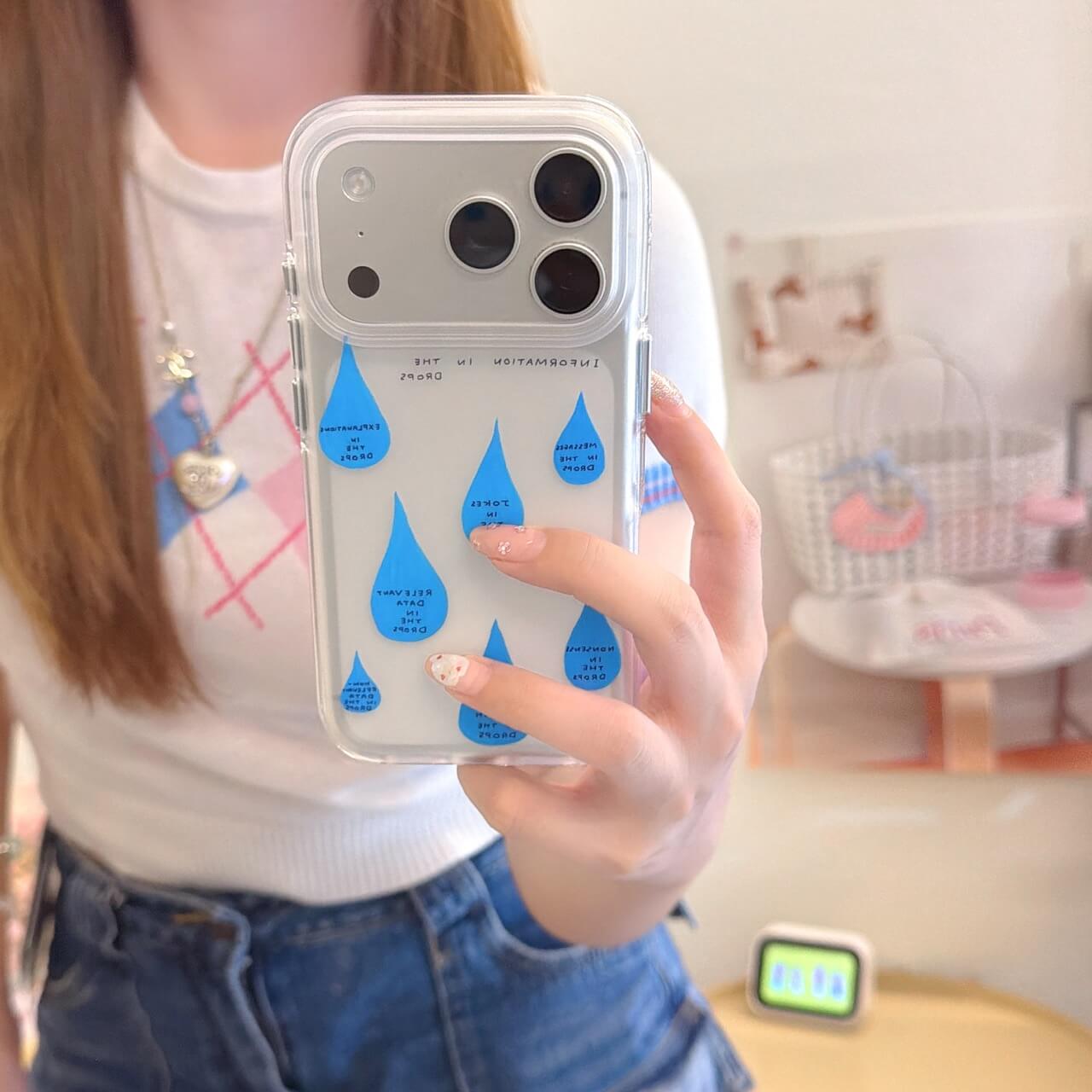 Mirror selfie with blue raindrop clear iPhone case