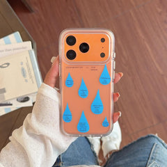 Blue raindrop text iPhone case on orange phone