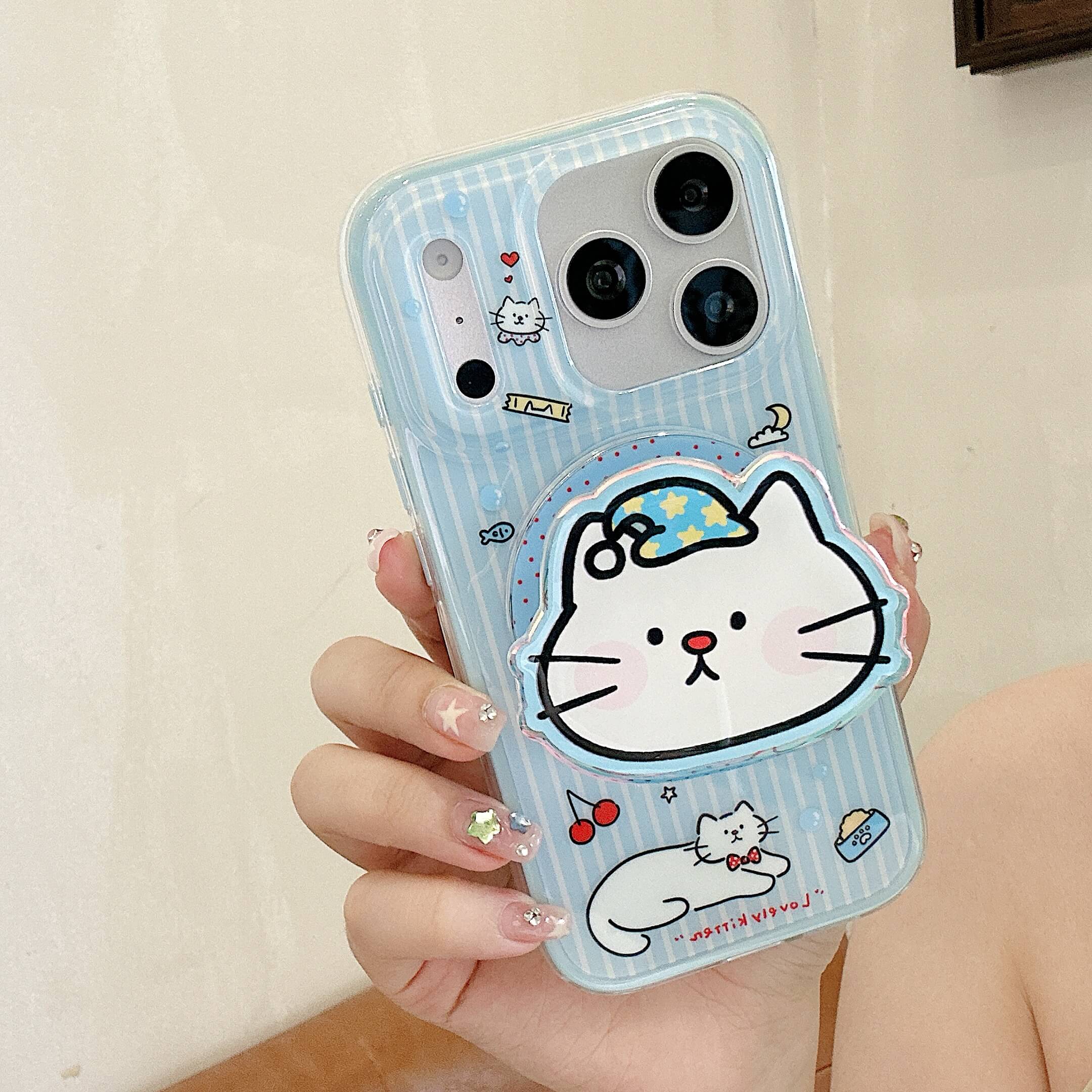 Front view of a blue striped iPhone case with cartoon cats.