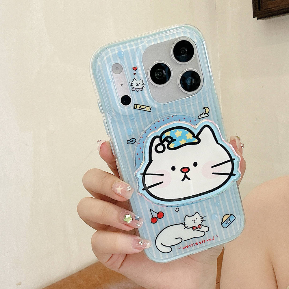 Front view of a blue striped iPhone case with cartoon cats.
