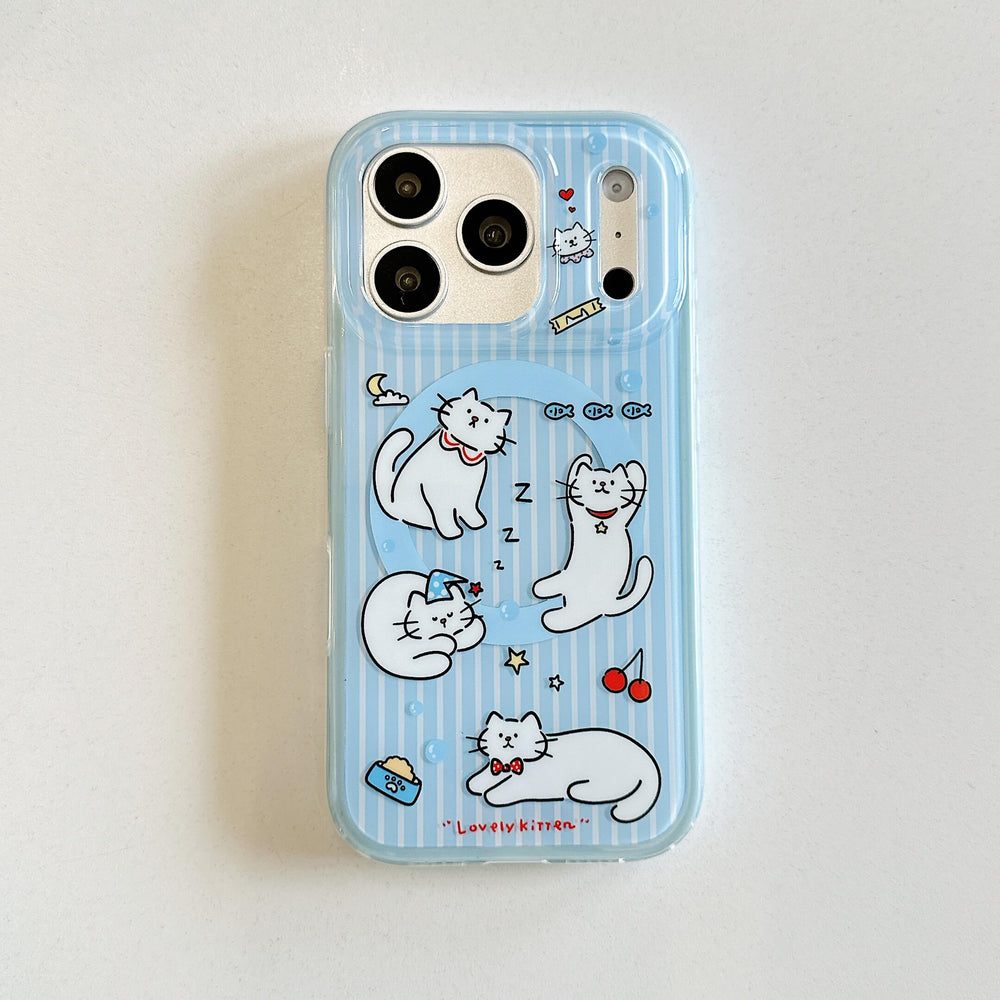 Front view of a blue cat iPhone case with grip stand.