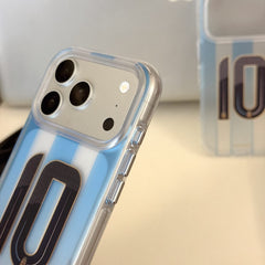 Close-up of blue striped soccer iPhone case with raised camera border and side buttons