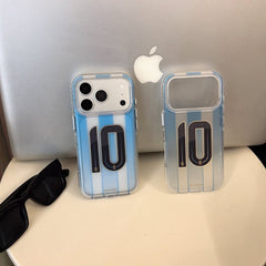 Two blue striped soccer phone cases with No.10 graphic displayed beside a laptop