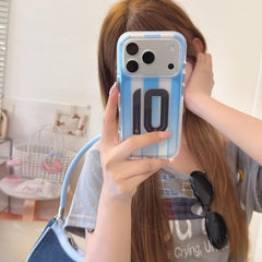 Woman holding a blue striped soccer jersey iPhone case with No.10 graphic