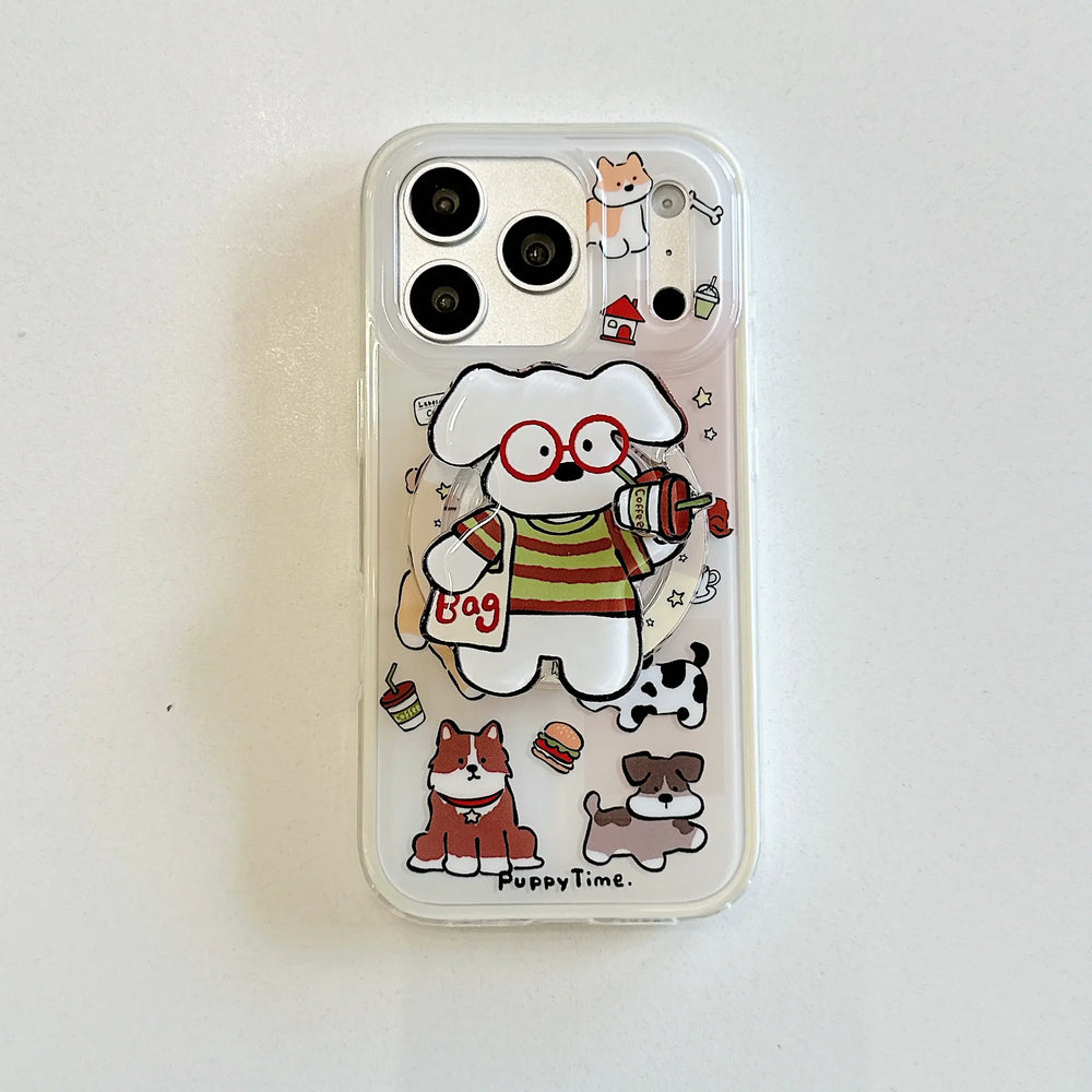Cute cartoon dog rotating phone grip displayed on a product card beside iced coffee.