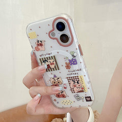 Hand holding a clear pig cartoon iPhone case with scrapbook artwork.