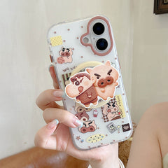 Handheld cartoon pig iPhone case with raised character phone grip.