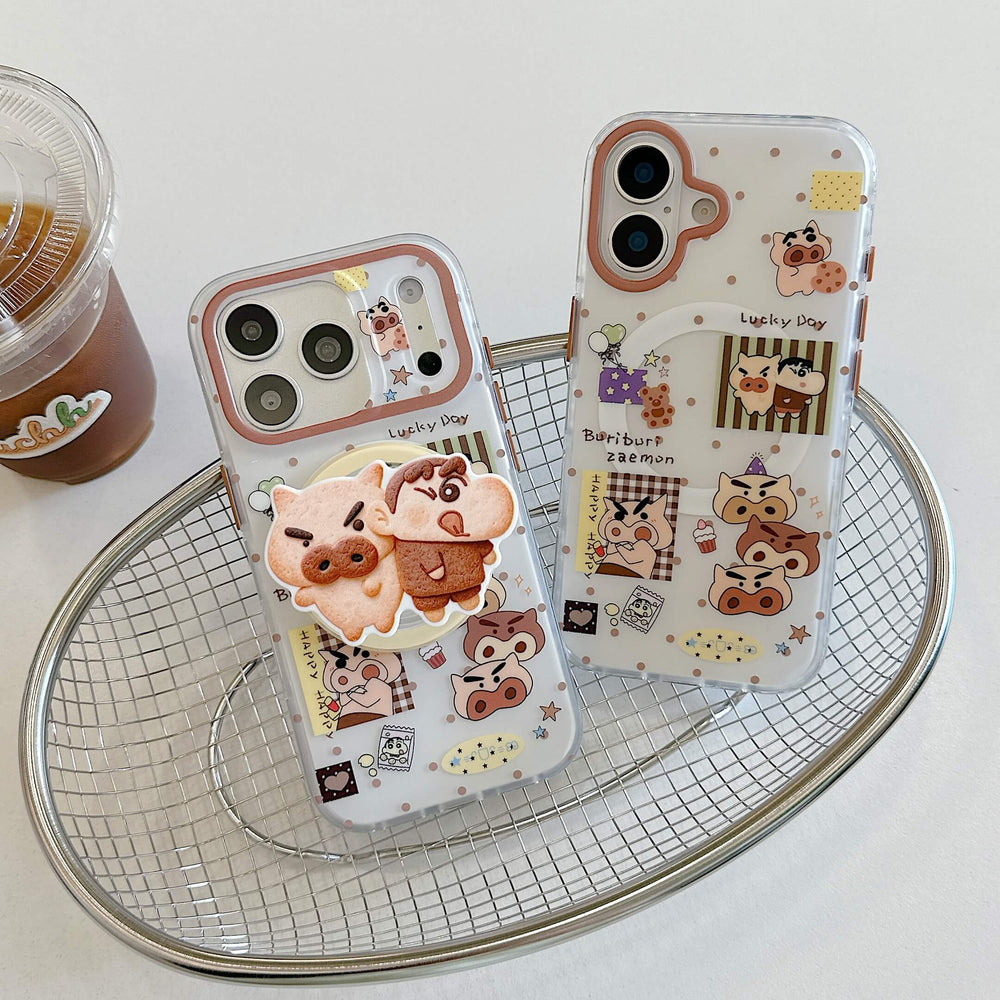 Two cartoon pig iPhone cases displayed with and without a matching grip.
