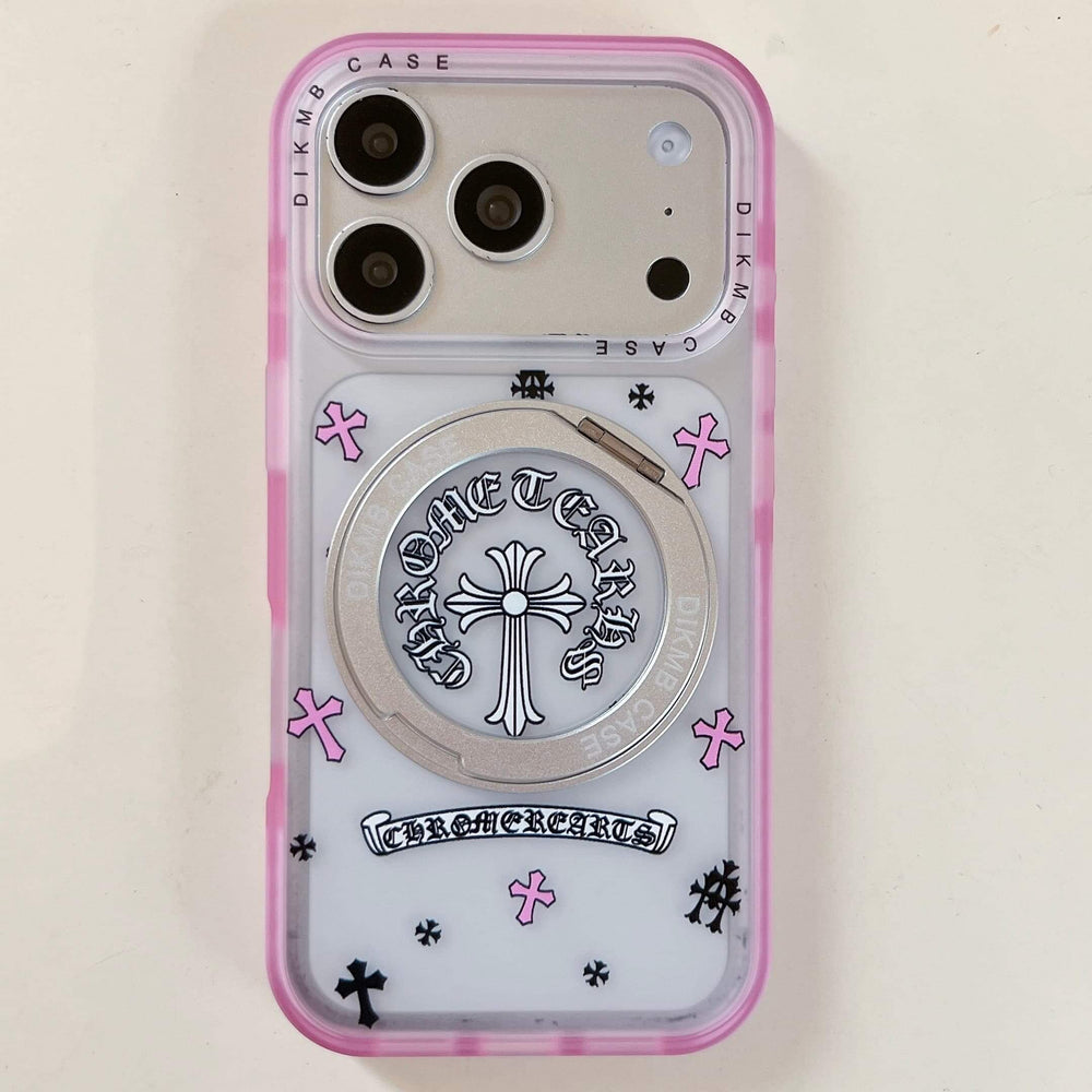 Flat lay view of a Chrome Hearts style pink jelly bumper cross phone case.