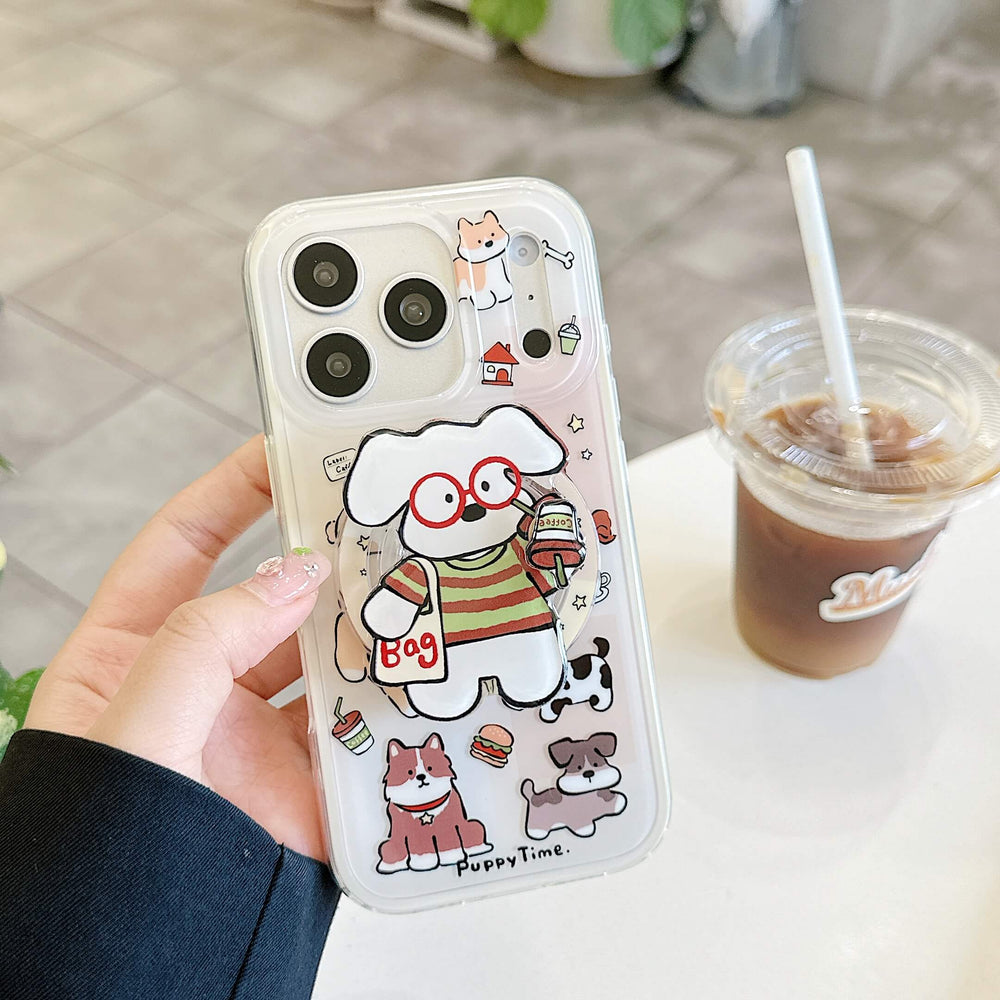 Front view of a clear iPhone case covered with cute cartoon dog and pet illustrations.