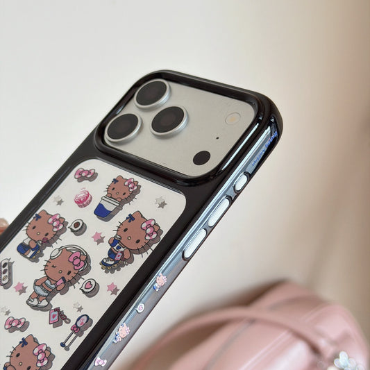 Macro close-up of the silver camera frame and the clear side bumper with small printed cartoon details on the phone case.
