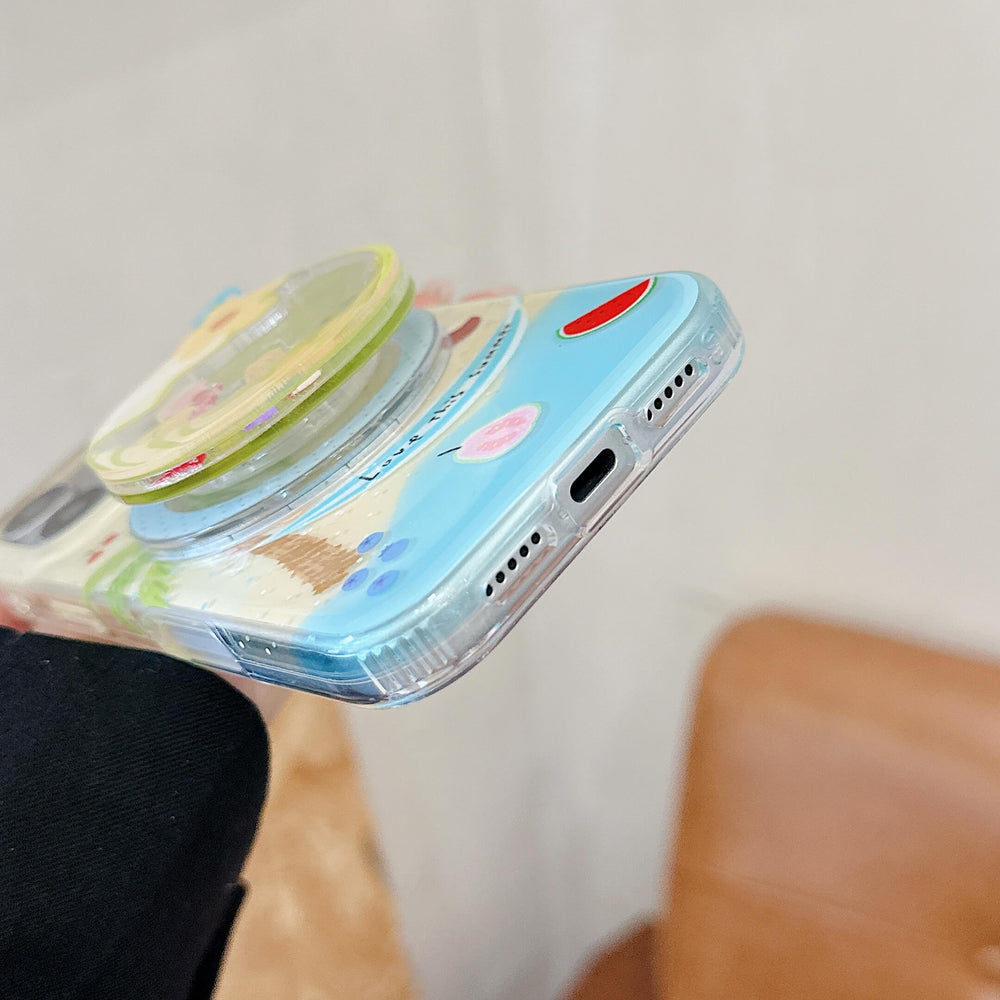 Side view of a tropical iPhone case with an expanded coconut grip.