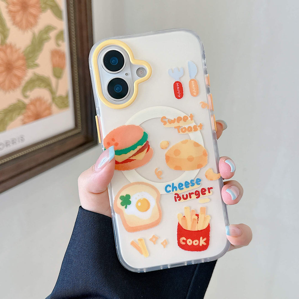 A hand holding the clear phone case showing cartoon prints of a cheese burger, sweet toast, and fries.