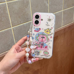 Hand holding a cute cartoon cat phone case with a hanging pastel beaded wrist strap.