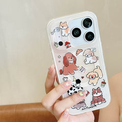 Hand holding a clear cute cartoon dog iPhone case with colorful puppy print.