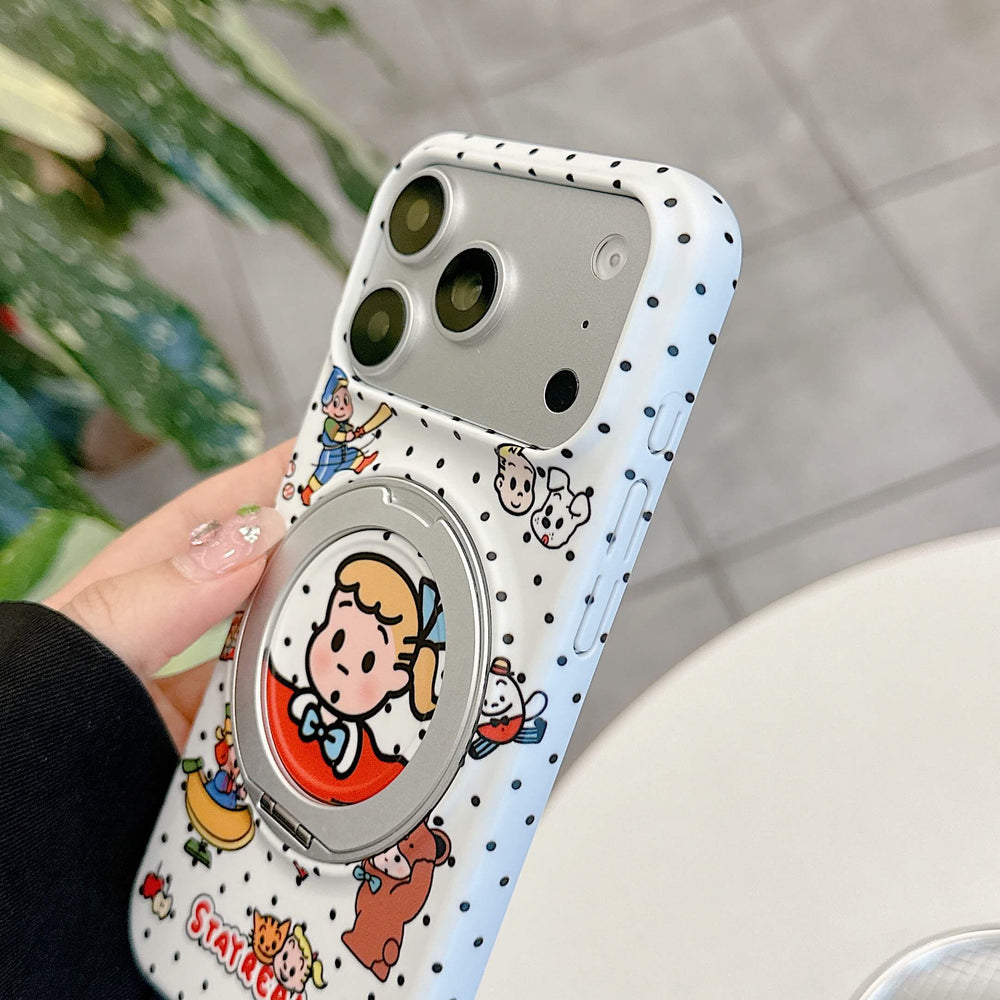 Angled shot of the cute cartoon polka dot iPhone case showing the camera bumper area and side buttons.
