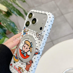 Angled shot of the cute cartoon polka dot iPhone case showing the camera bumper area and side buttons.