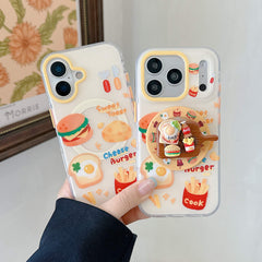 A person holding two clear kawaii fast food iPhone cases, one with a 3D food pop grip and one flat.