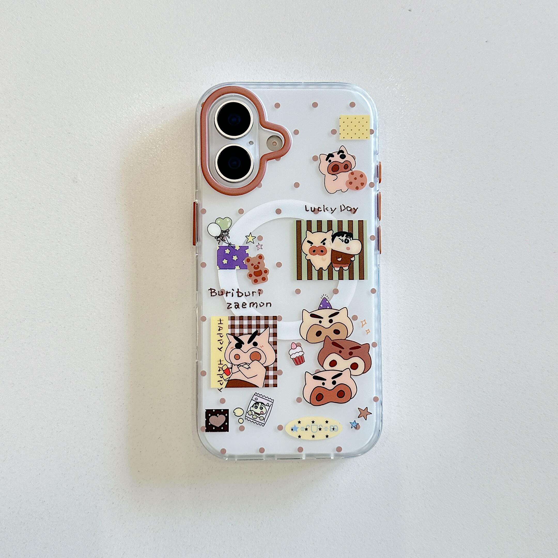 Front view of a clear cartoon pig iPhone case with polka dot collage.