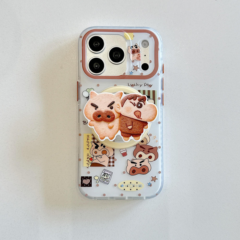 Front view of a cute pig iPhone case with matching character grip.